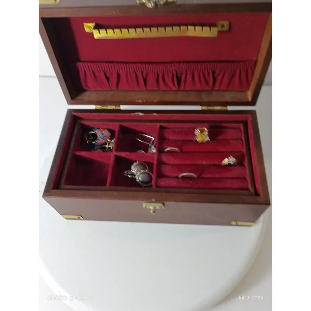 Vintage Wood Jewelry Chest Removable Tray Red Velvet Lining Brass Hardware